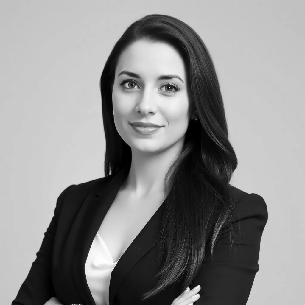 Black and white portrait of Sara Zaz, female agent with long hair, wearing a black blazer